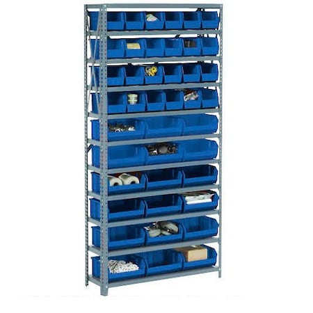 Global Industrial Steel Open Shelving with 8 Blue Plastic Stacking Bins 5 Shelves, 36x18x39 603248BL